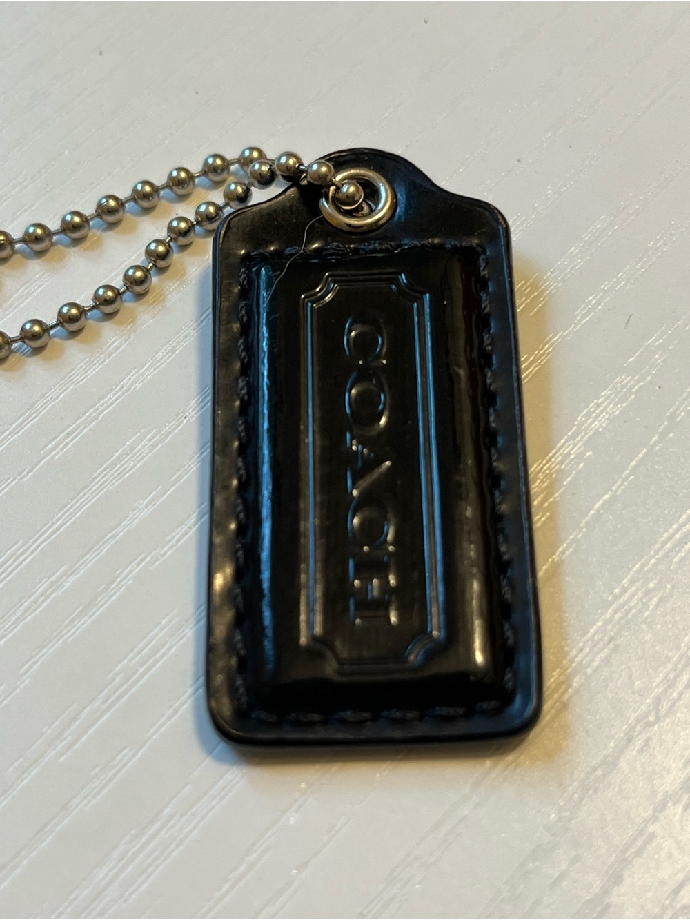 Coach Black Patent Leather Tag with Silver Beaded Chain